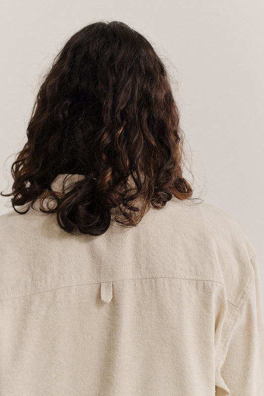 Men's long-sleeved overshirt, linen-silk blend, undyed natural texture, light beige.