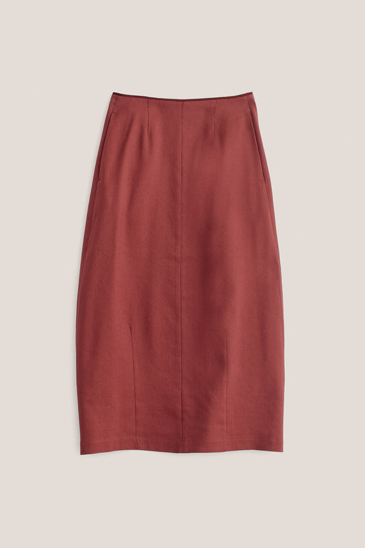 Women's midi skirt, o-shaped, linen-virgin wool-mohair blend, prunelle weave, reddish-brown, with side pockets.