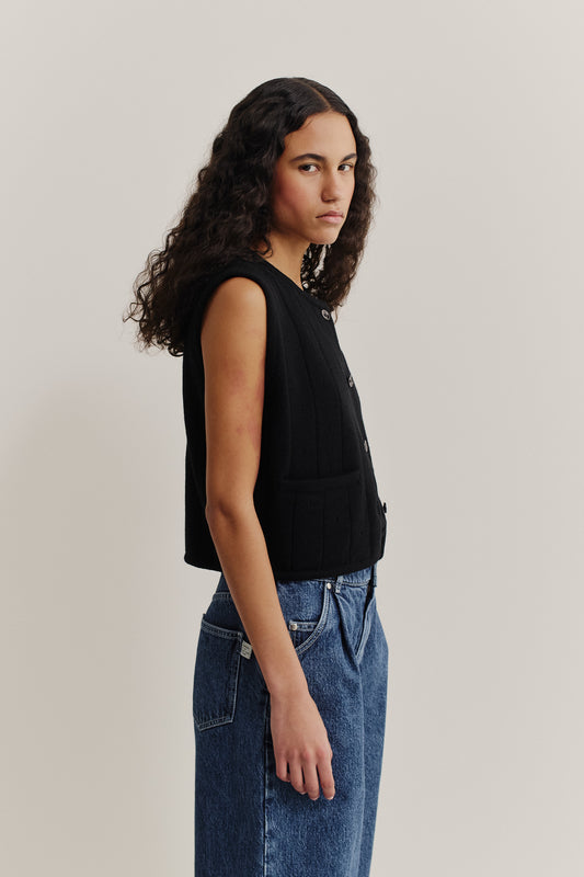 Women's knit vest, black 100% merino wool, cropped ajour knit with button front.