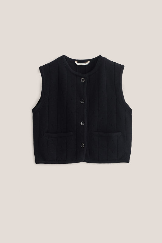 Women's knit vest, black 100% merino wool, cropped, ajour knit pattern, button-front, two patch pockets.