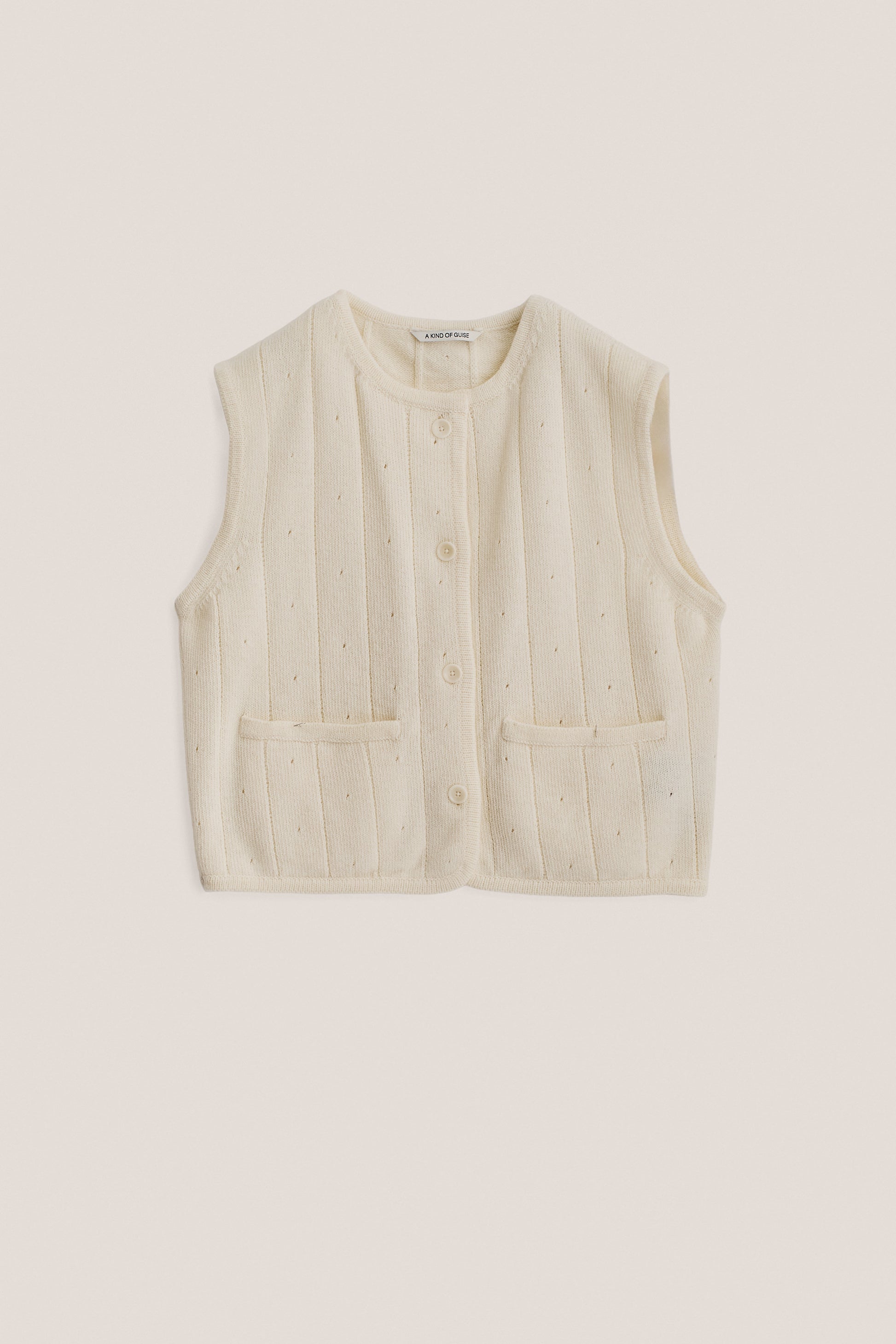 Women's knit vest, cropped merino wool, ajour knit pattern, rib-knit trim, front buttons, off-white.