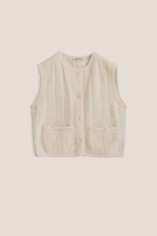 Women's knit vest, cropped merino wool, ajour knit pattern, rib-knit trim, front buttons, off-white.