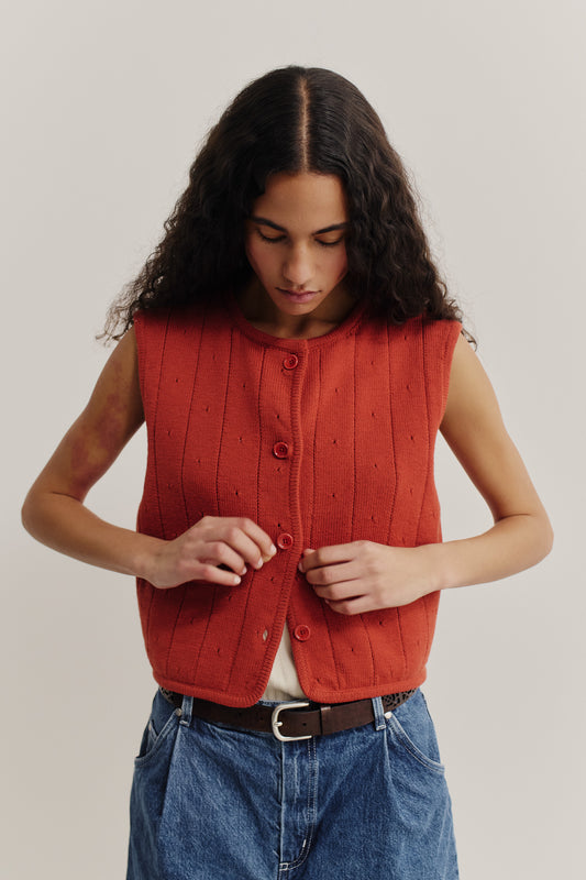 Women's knit vest, 100% merino wool, ajour knit, terracotta, button-front, cropped.