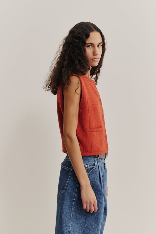 Women's knit vest, cropped merino wool, ajour knit, rib-knit trim, button-front, terracotta.
