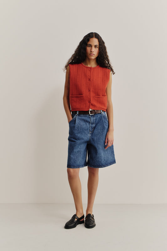 Women's knit vest, 100% merino wool, ajour knit, terracotta, with ribbed trim and button front.