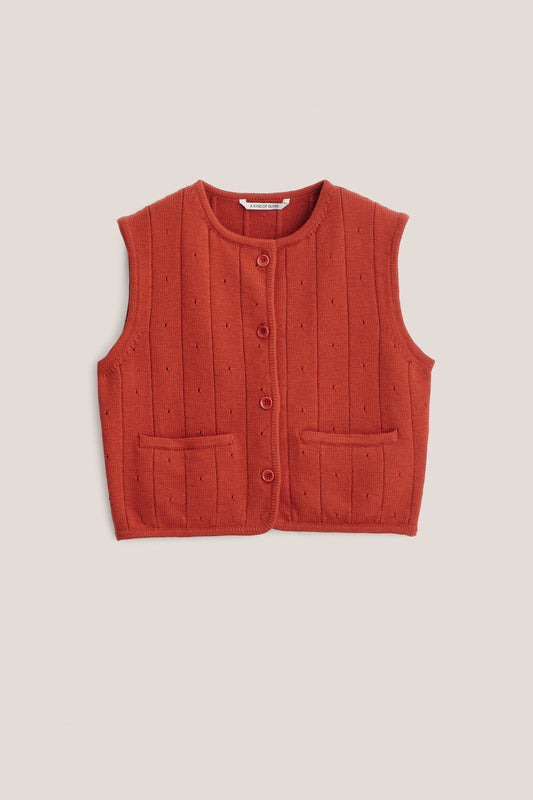 Women's knit vest, cropped merino wool, ajour pattern, rib-knit trim, terracotta.