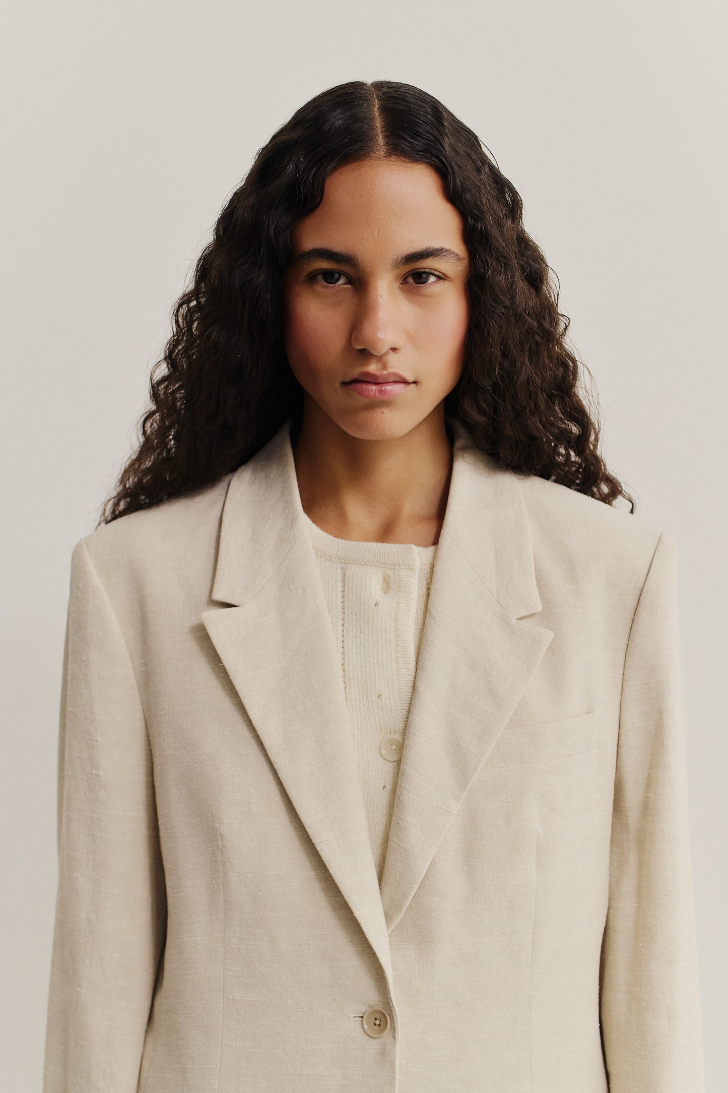 Women's tailoring blazer, linen-silk blend, naturally textured, mambrui sand, oversized fit with wide lapel.