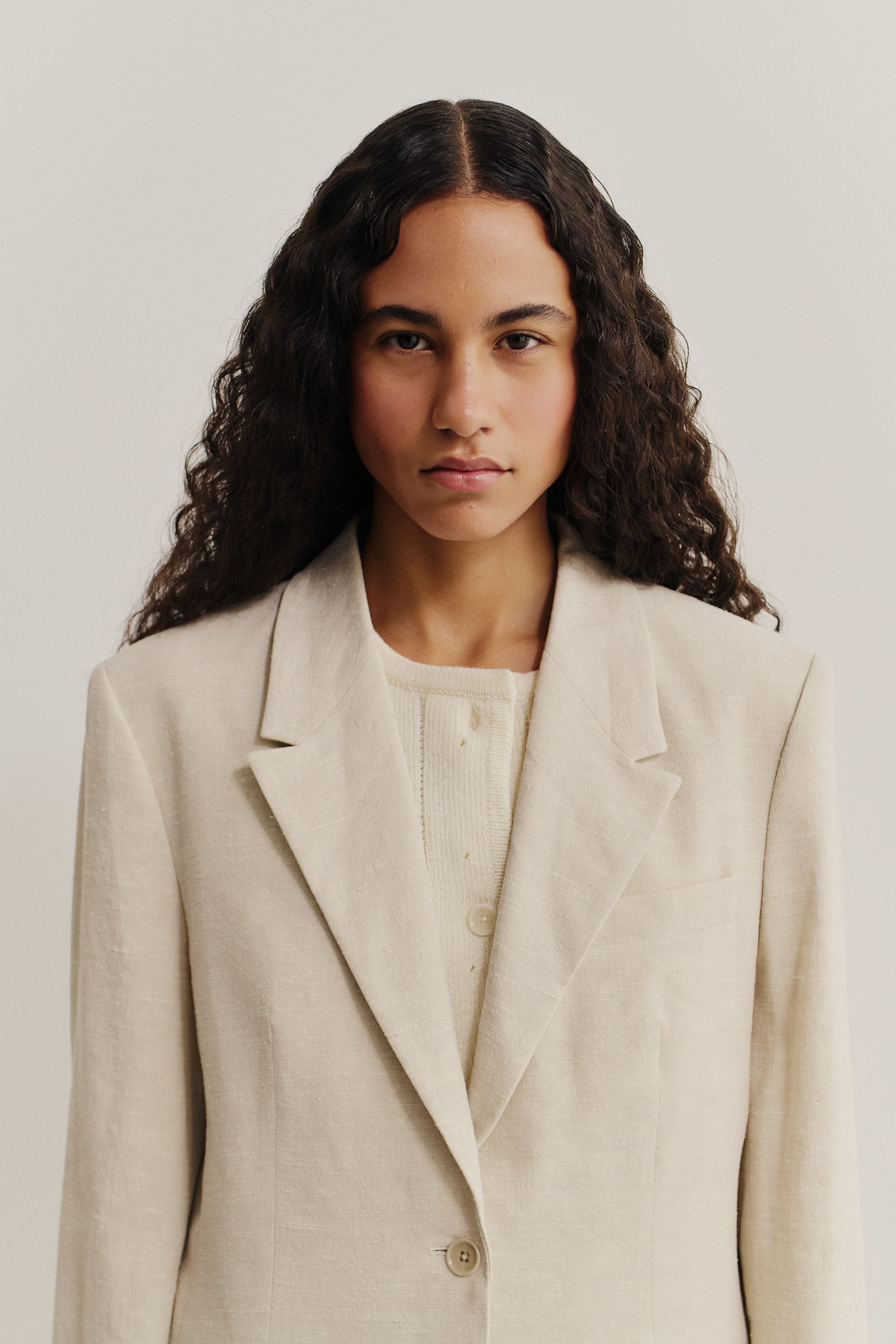 Women's tailoring blazer, linen-silk blend, naturally textured, mambrui sand, oversized fit with wide lapel.
