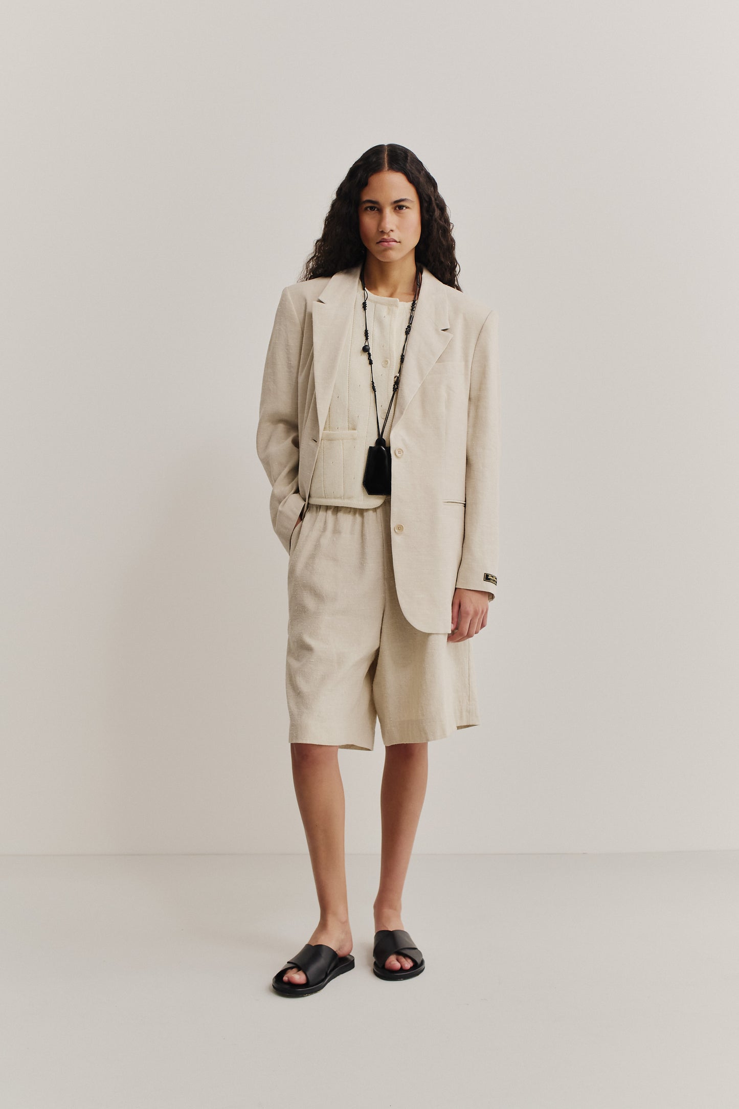 Women's tailoring blazer, linen-silk blend, mambrui sand, oversized cut, wide lapel, with matching shorts.