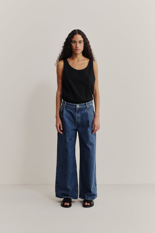 Women's long-pants, cotton mix denim, stone washed, blue, Padma Pleated Denim with wide leg.