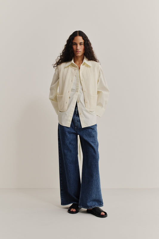 Women's long-pants, Padma Pleated Denim, recycled cotton mix, stone washed, dark blue, wide leg, mid-waist.