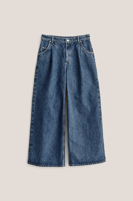Women's long pants, Padma Pleated Denim, organic and recycled cotton mix, stone washed, blue, wide leg.