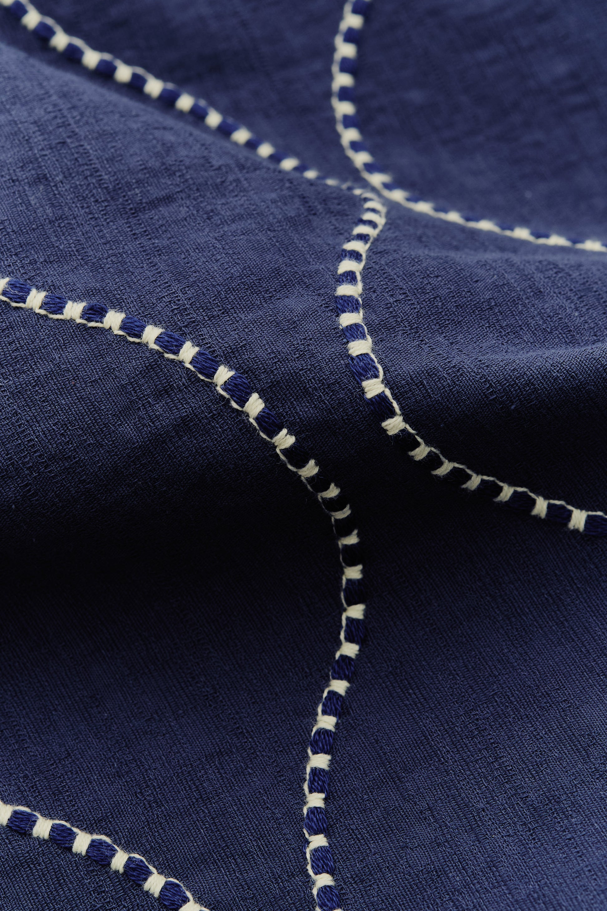 Men's long-sleeved shirt, cotton, embroidered wavy pattern, navy with white contrast stitching.