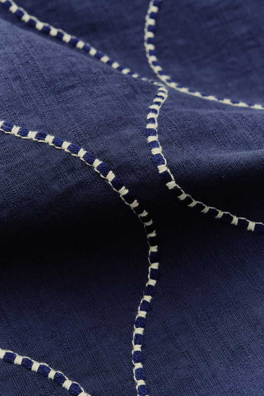 Men's long-sleeved shirt, cotton, embroidered wavy pattern, navy with white contrast stitching.