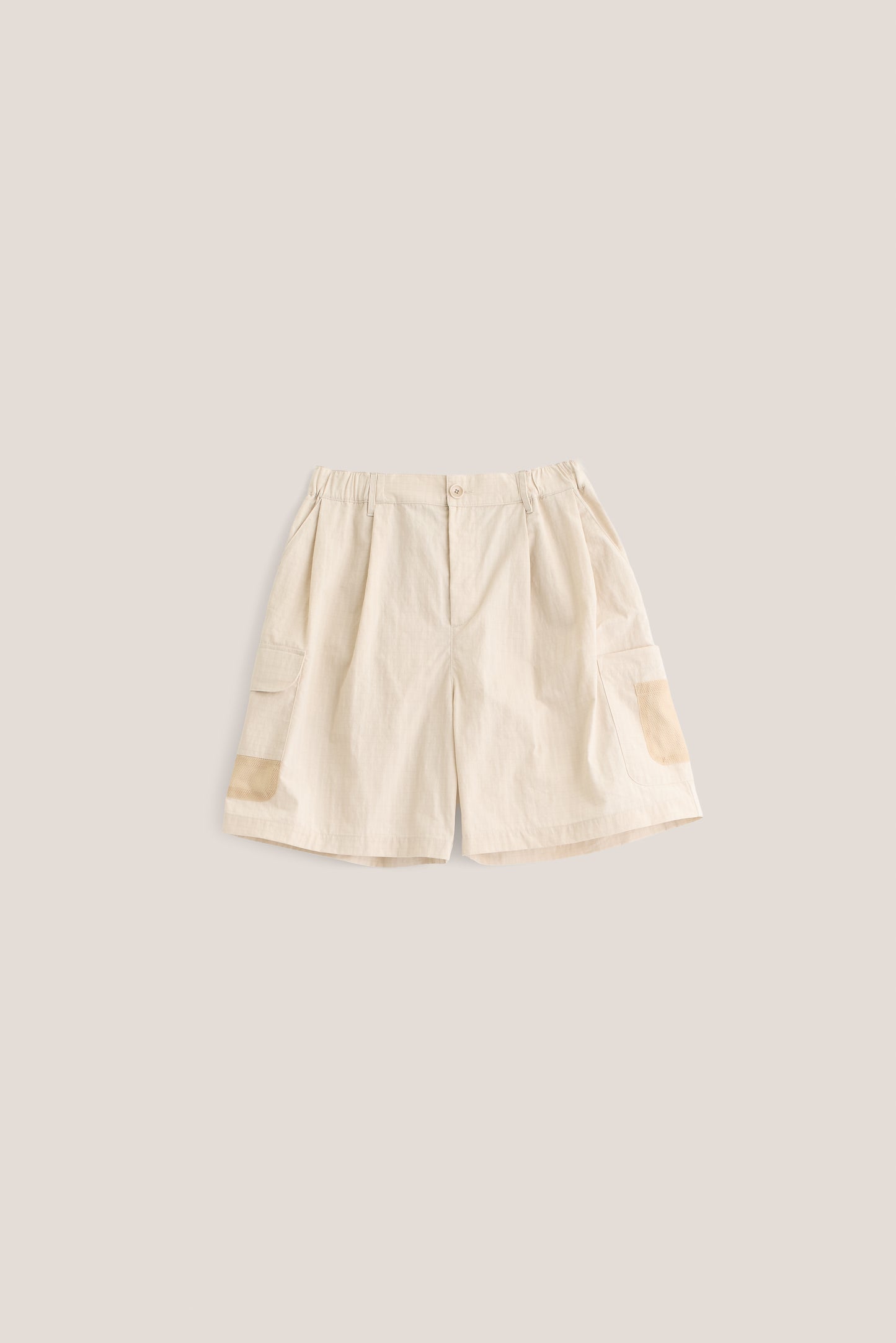 Men's shorts, cotton blend ripstop, relaxed fit, elastic waist, wide leg, light beige, with patch pockets and mesh details.