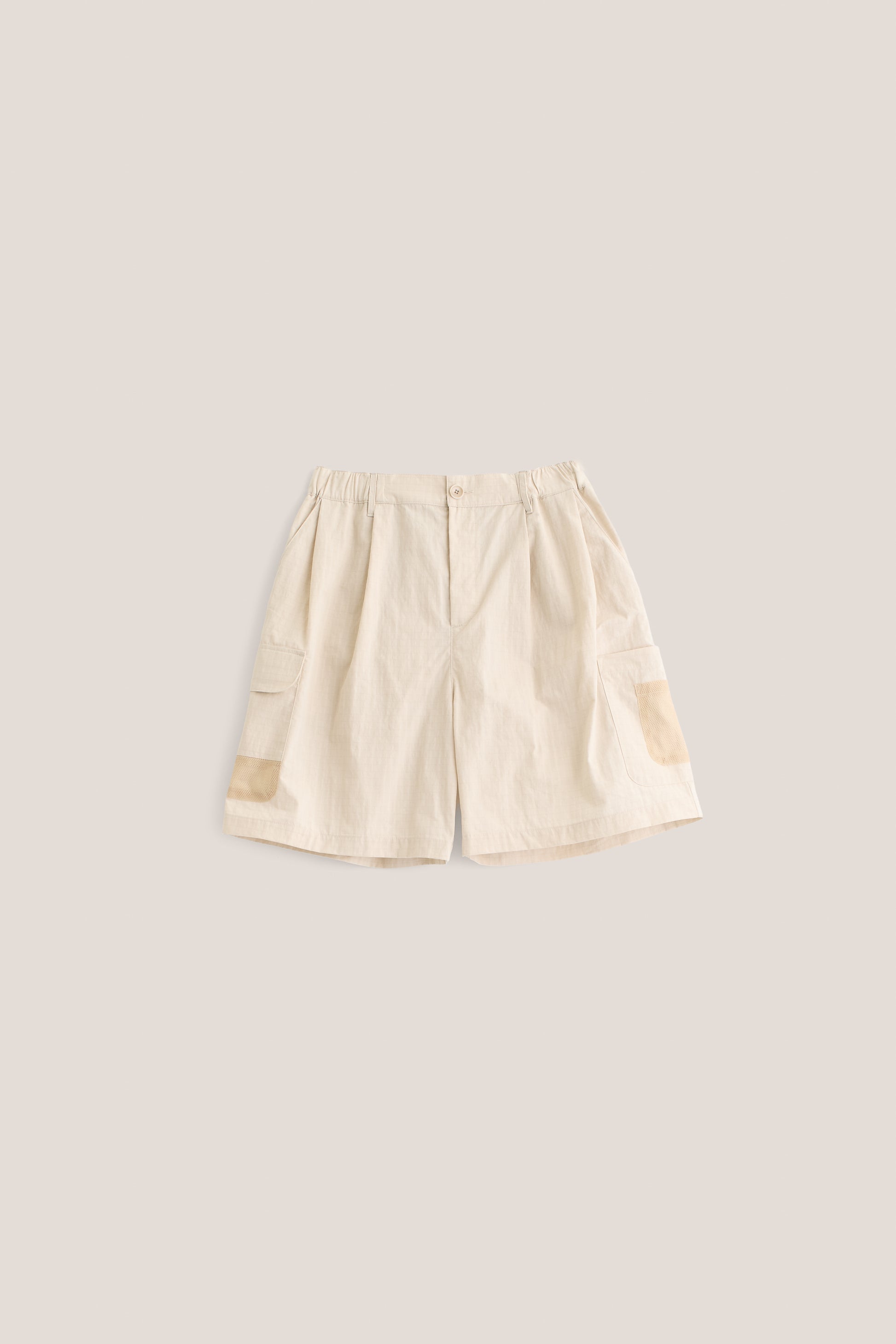 Men's shorts, cotton blend ripstop, relaxed fit, elastic waist, wide leg, light beige, with patch pockets and mesh details.