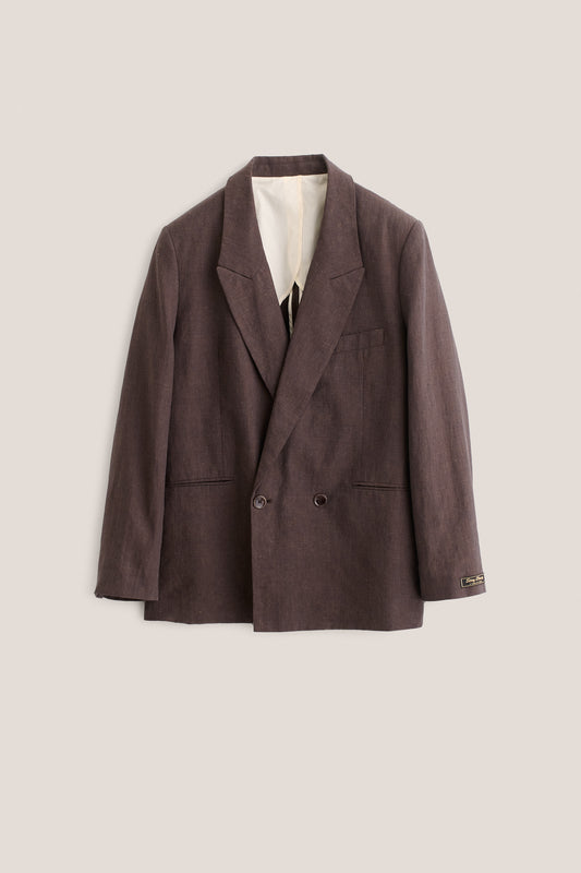 Men's tailoring, double-breasted blazer, 100% linen, burnt umber, relaxed fit.
