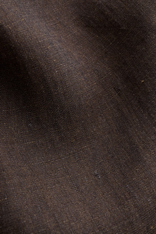 Men's tailoring, relaxed double-buttoned blazer, 100% linen, canvas weave, burnt umber.
