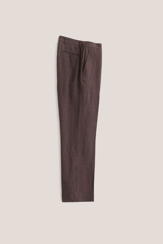 Men's long pants, 100% linen, classic canvas weave, brown, with front pleat and visible button closure.