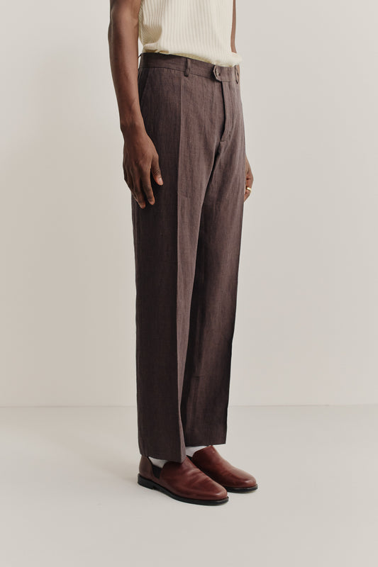 Men's long pants, 100% linen with natural slubs, brown, relaxed tailored fit, front pleat.