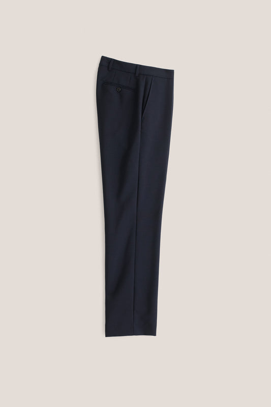 Men's long-pants, 100% virgin wool, dark navy, relaxed tailored fit with front pleat.