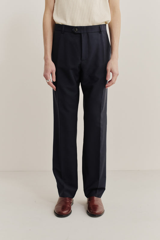 Men's long-pants, 100% virgin wool, dark navy, relaxed tailored fit with front pleat.