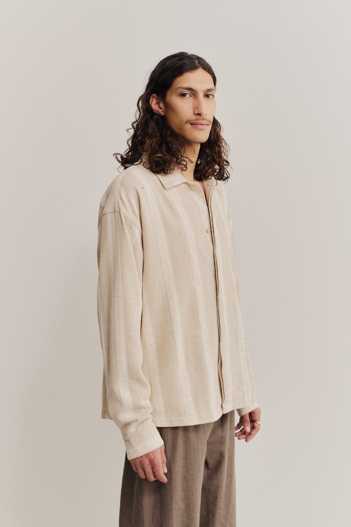 Men's long-sleeved shirt, cotton-linen blend, herringbone with off-white stripes, soft brown.