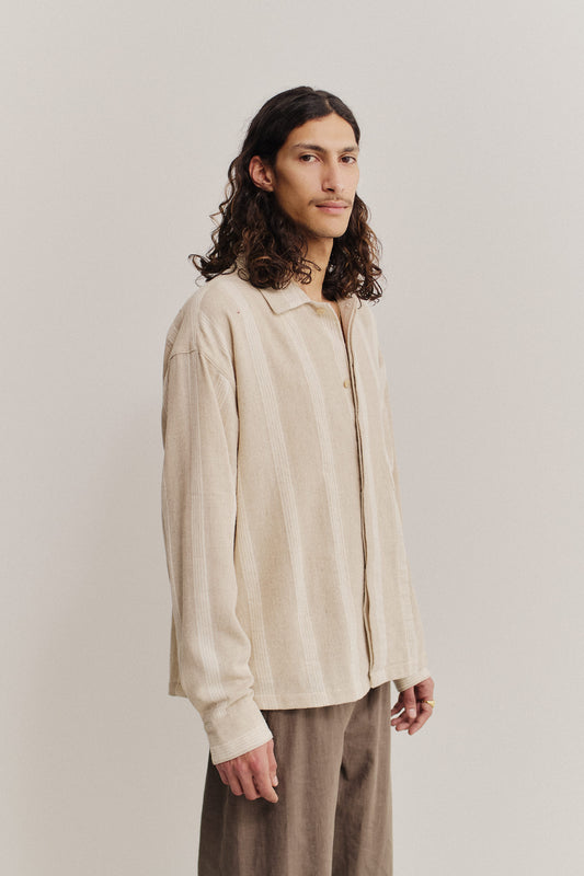 Men's long-sleeved shirt, cotton-linen blend, herringbone with off-white stripes, soft brown.