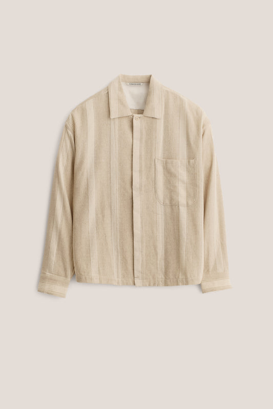 Men's long-sleeved shirt, cotton-linen blend, herringbone with off-white stripes, melange soft brown.