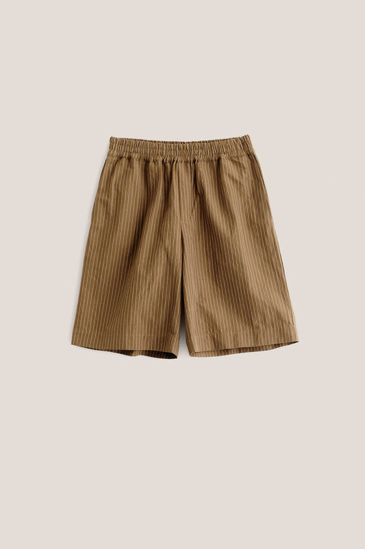 Men's shorts, cotton-linen seersucker, brown with white pinstripes, wide leg, elastic waist.