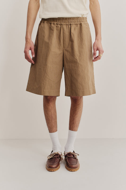 Men's shorts, cotton-linen seersucker, brown with white pinstripes, elastic waist, wide leg.