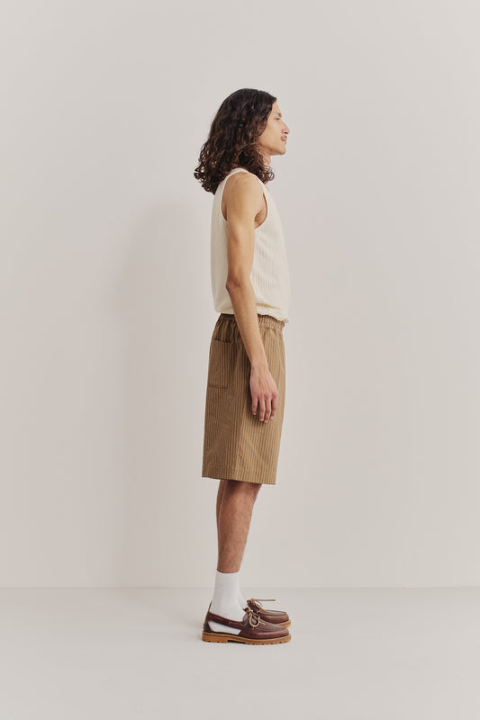 Men's shorts, cotton-linen seersucker, brown with pinstripes, wide leg, elastic waist.