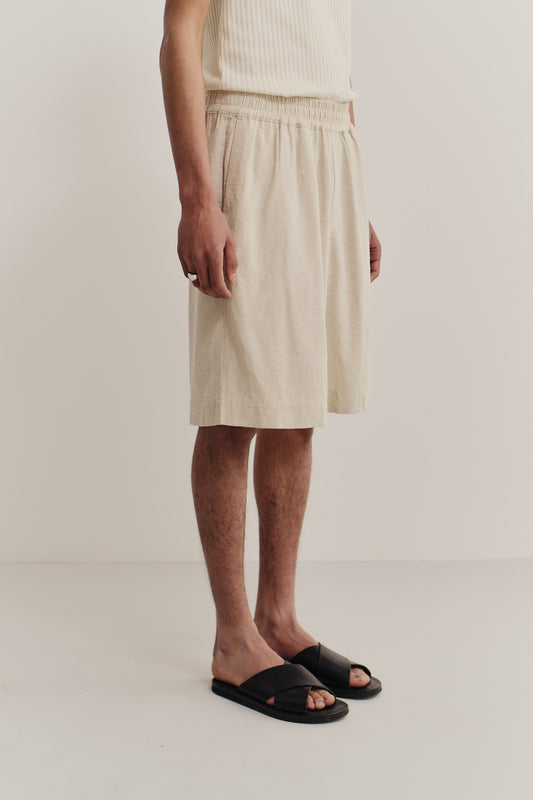 Unisex shorts, linen and silk blend, undyed, unbleached, relaxed fit, elastic waist, side pockets, natural beige.
