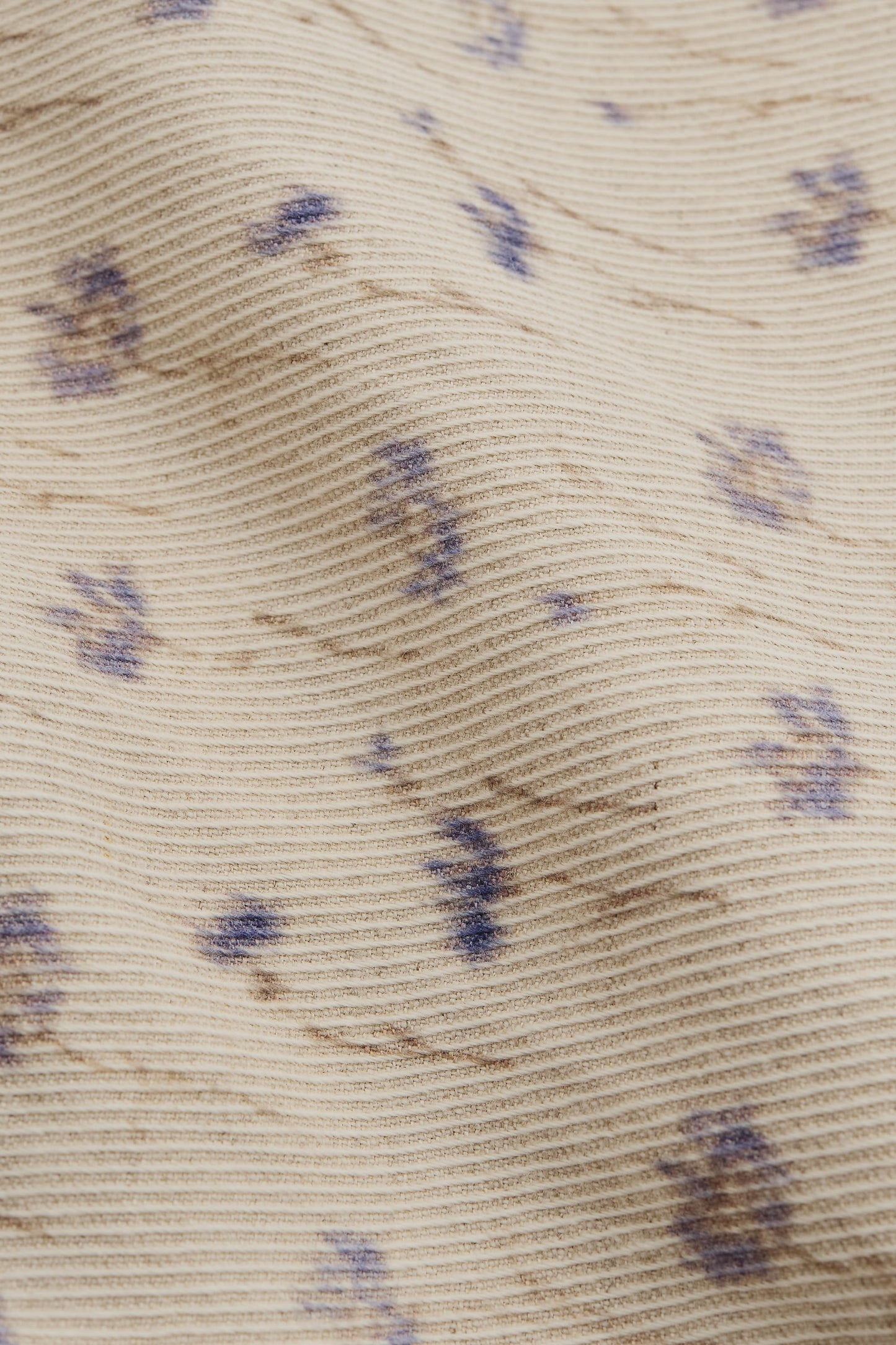 Men's short-sleeved shirt, cotton-linen blend twill, ecru with subtle lilac and brown floral print.