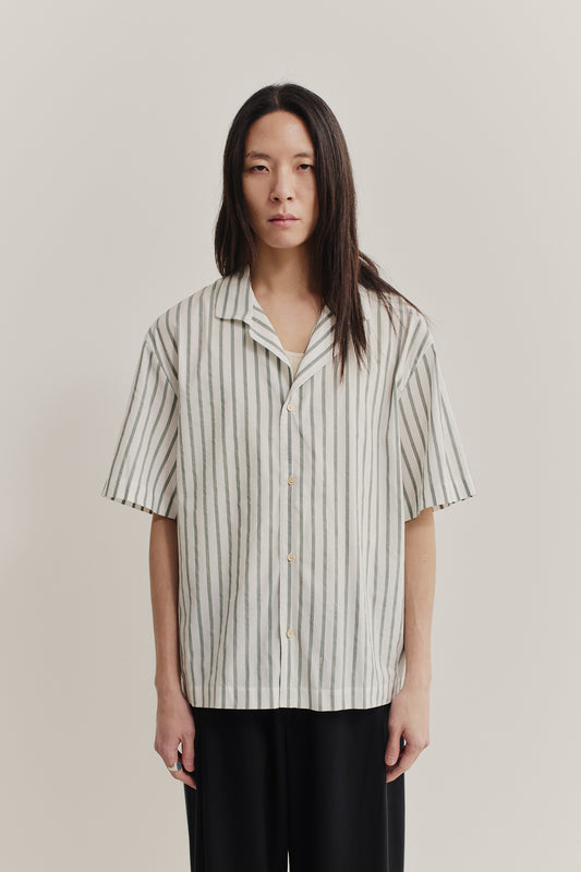 Men's short-sleeved shirt, cotton-silk-linen blend, washed finish, white with subtle green stripes.