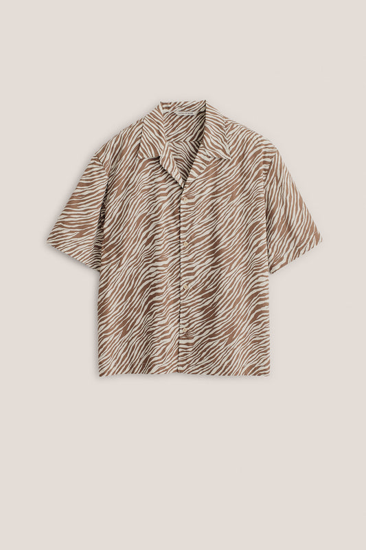 Men's short-sleeved shirt, cotton blend, fluid zebra-inspired stripe pattern, brown and white.