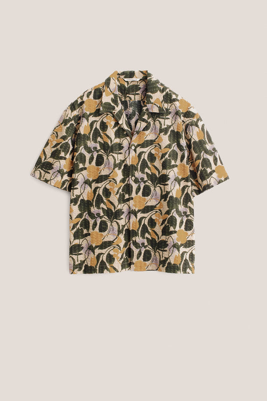 Men's short-sleeved shirt, cotton seersucker, green, yellow, and purple floral print.