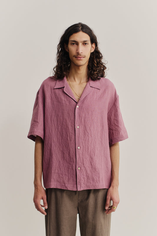 Men's short-sleeved shirt, relaxed fit, Tennpiboshi linen, notched collar, dropped shoulders, mauve.
