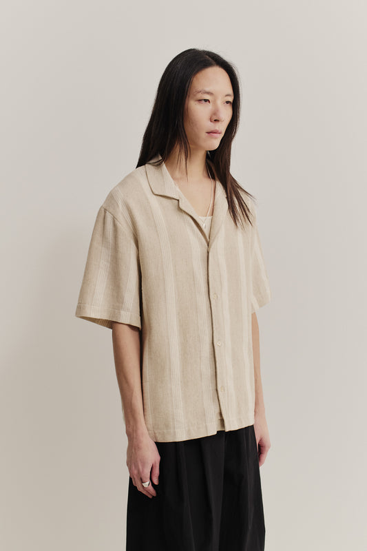 Men's short-sleeved shirt, cotton-linen blend with herringbone and off-white stripes, soft brown.