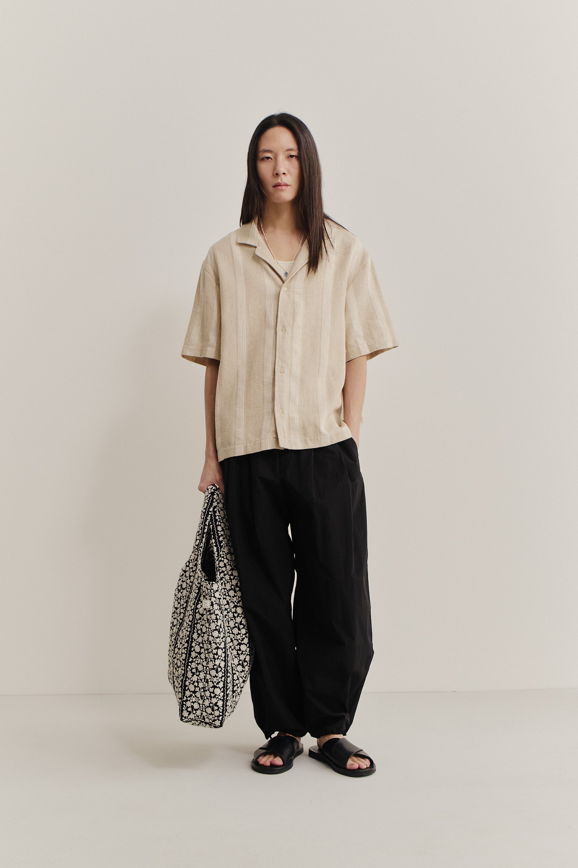 Men's short-sleeved shirt, cotton-linen blend, herringbone with off-white stripes, soft brown.