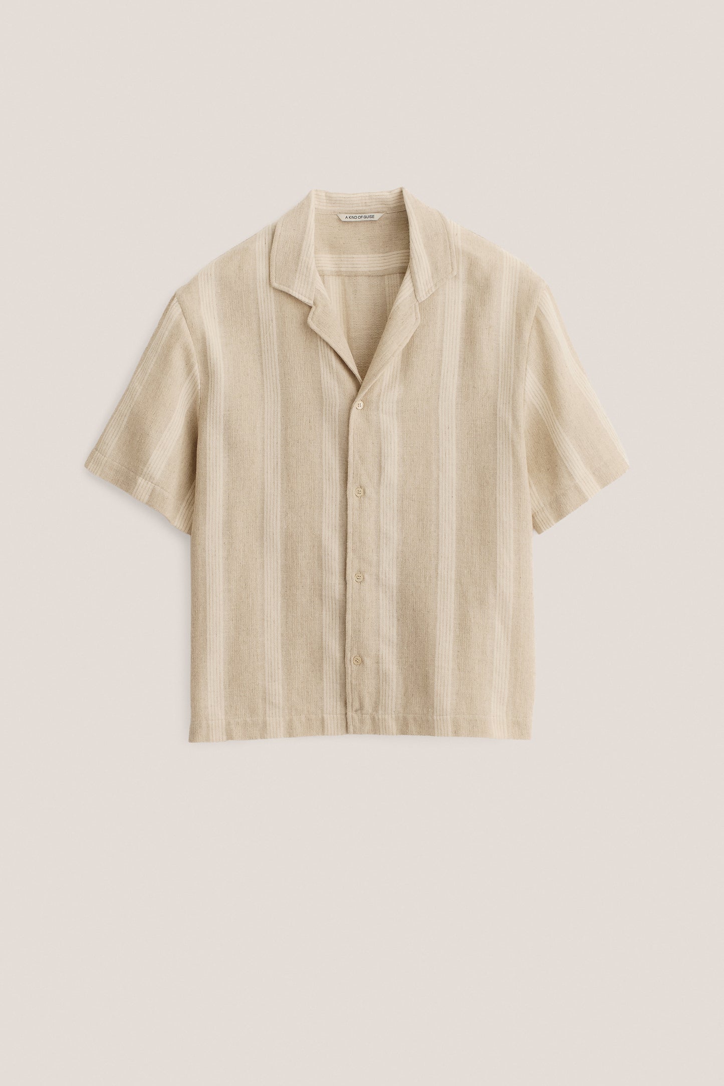 Men's short-sleeved shirt, cotton-linen blend, herringbone with off-white stripes, beige.