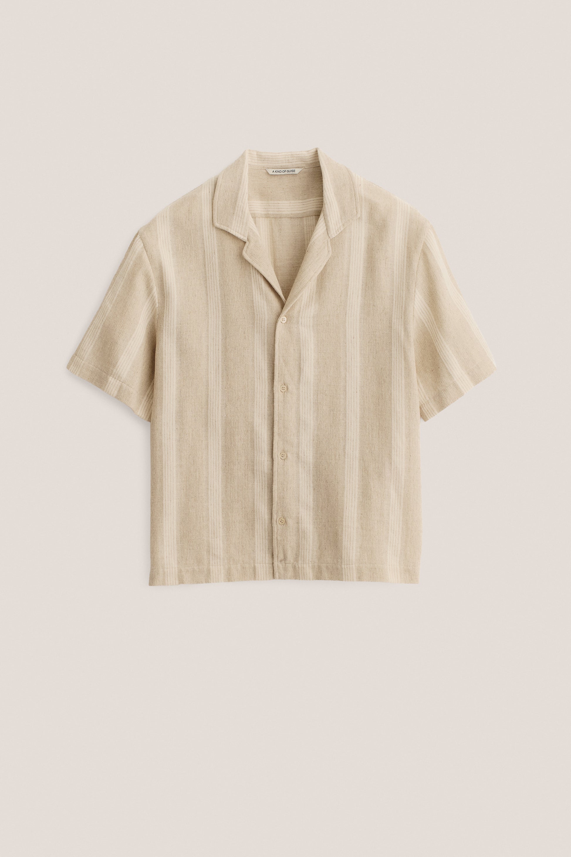 Men's short-sleeved shirt, cotton-linen blend, herringbone with off-white stripes, beige.