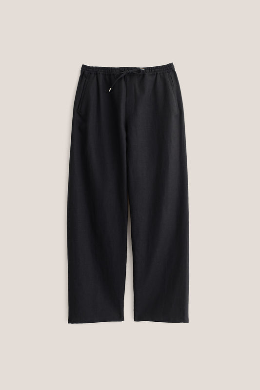 Men's long-pants, worsted wool and linen blend, black, wide straight fit, elasticated waistband, welt pockets.