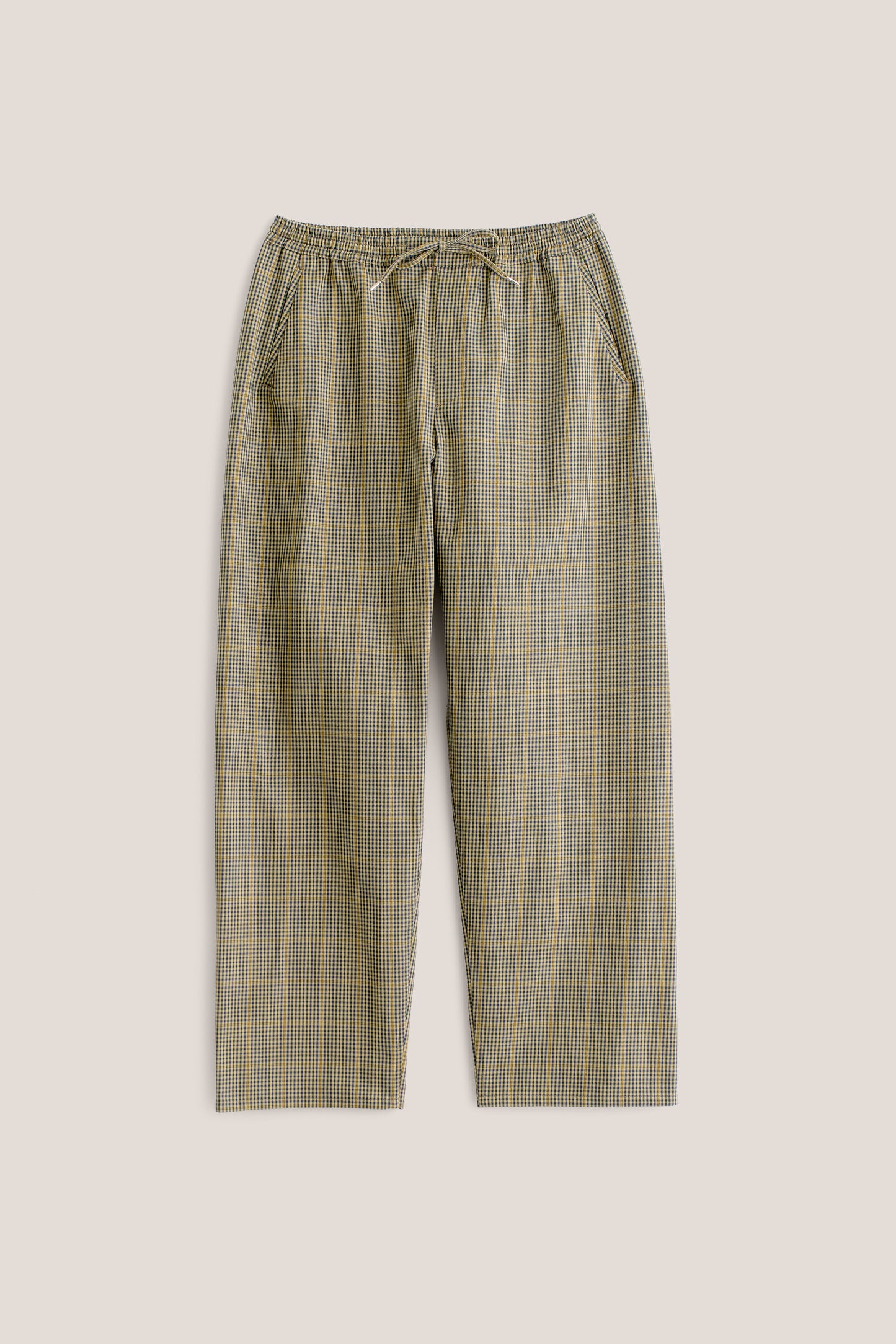 Men's long-pants, cotton houndstooth plaid in navy, green, and yellow on beige, with elastic waist.