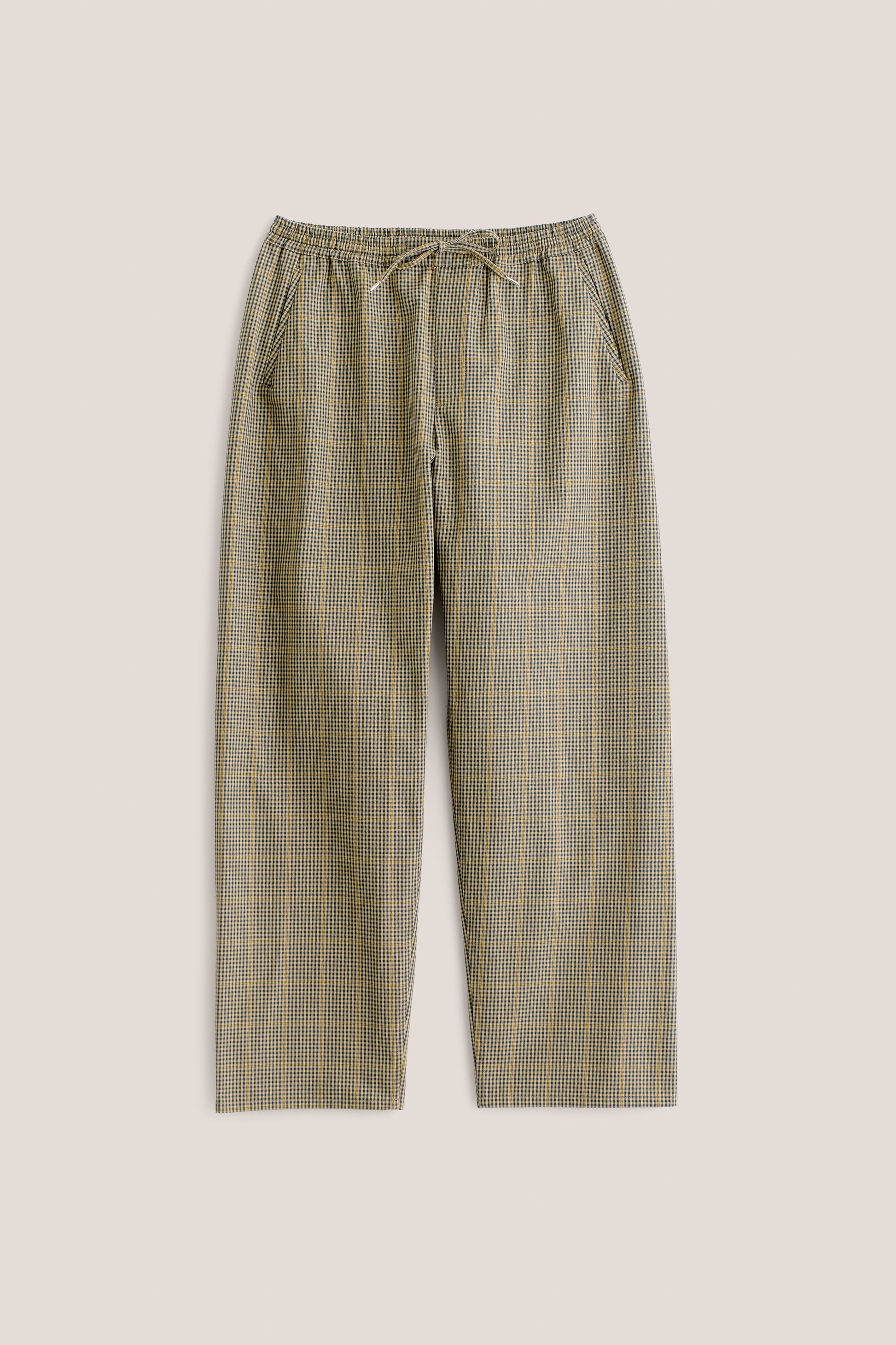 Men's long-pants, cotton houndstooth plaid in navy, green, and yellow on beige, with elastic waist.