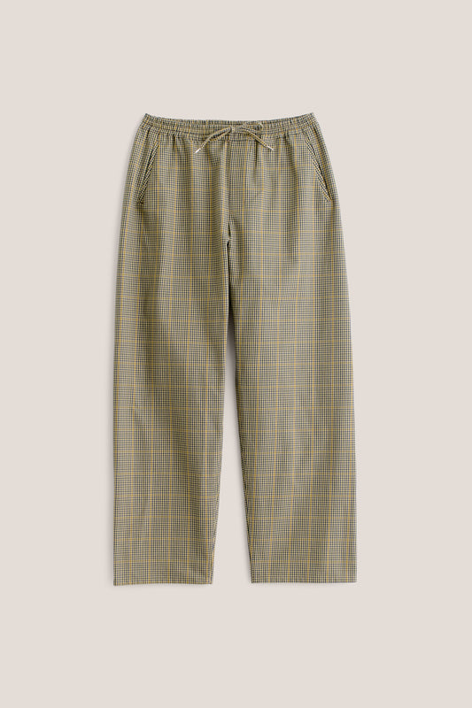 Men's long-pants, cotton houndstooth plaid in navy, green, and yellow on beige, with elastic waist.