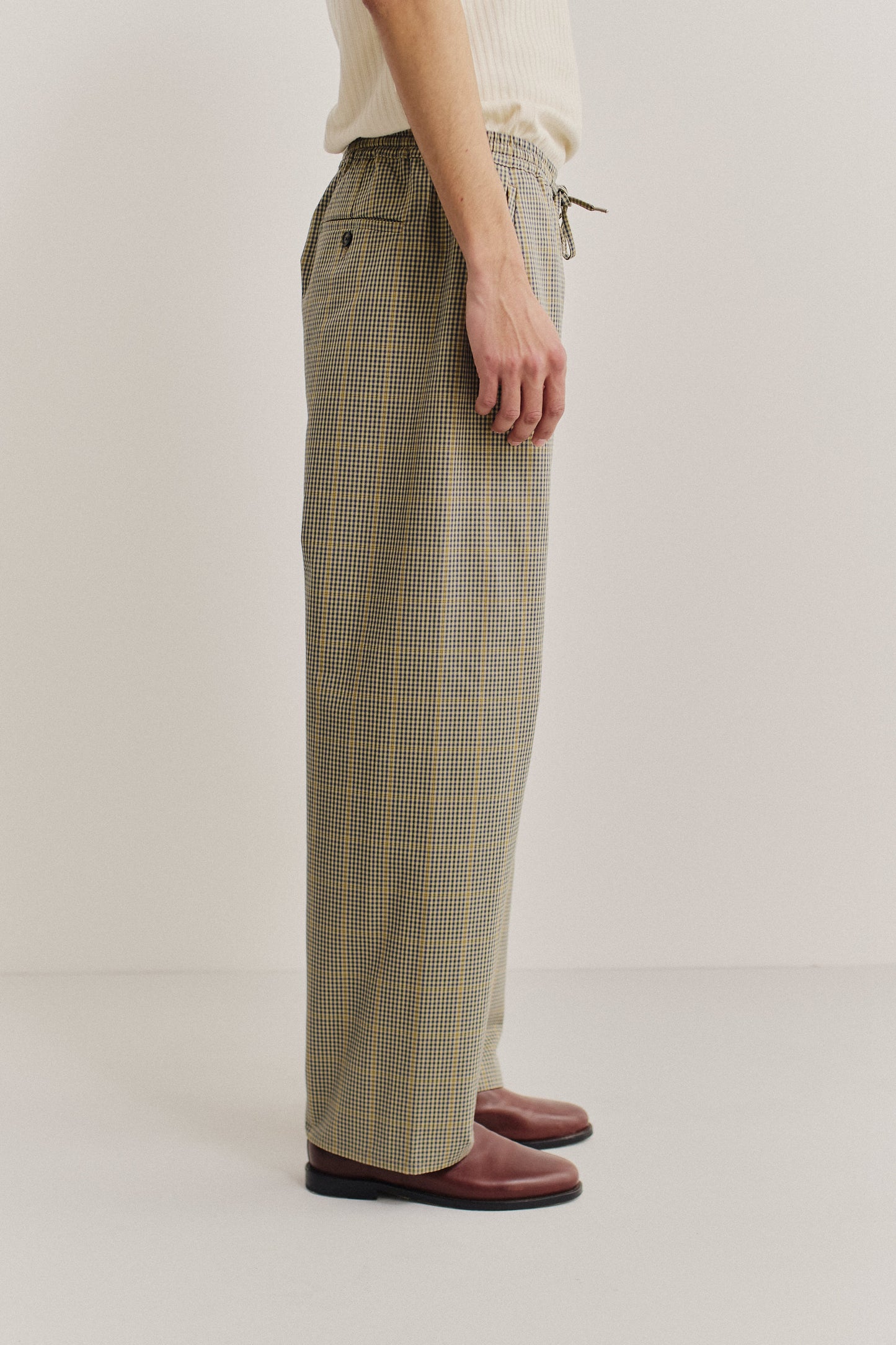 Men's long-pants, cotton houndstooth, beige with navy/green plaid and yellow lines.