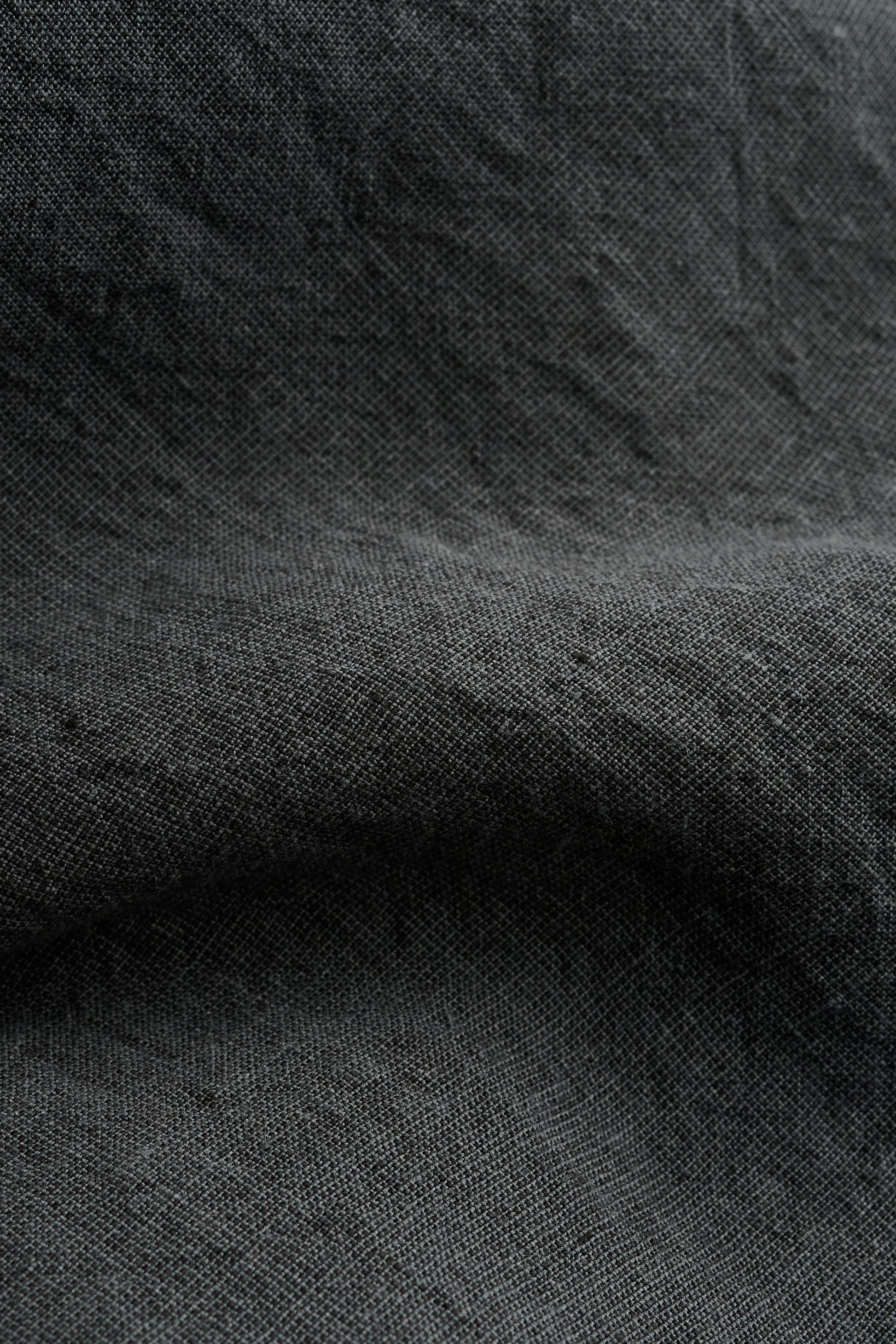 Men's long-pants, 100% linen, plain weave, vintage-like texture, dark grey.