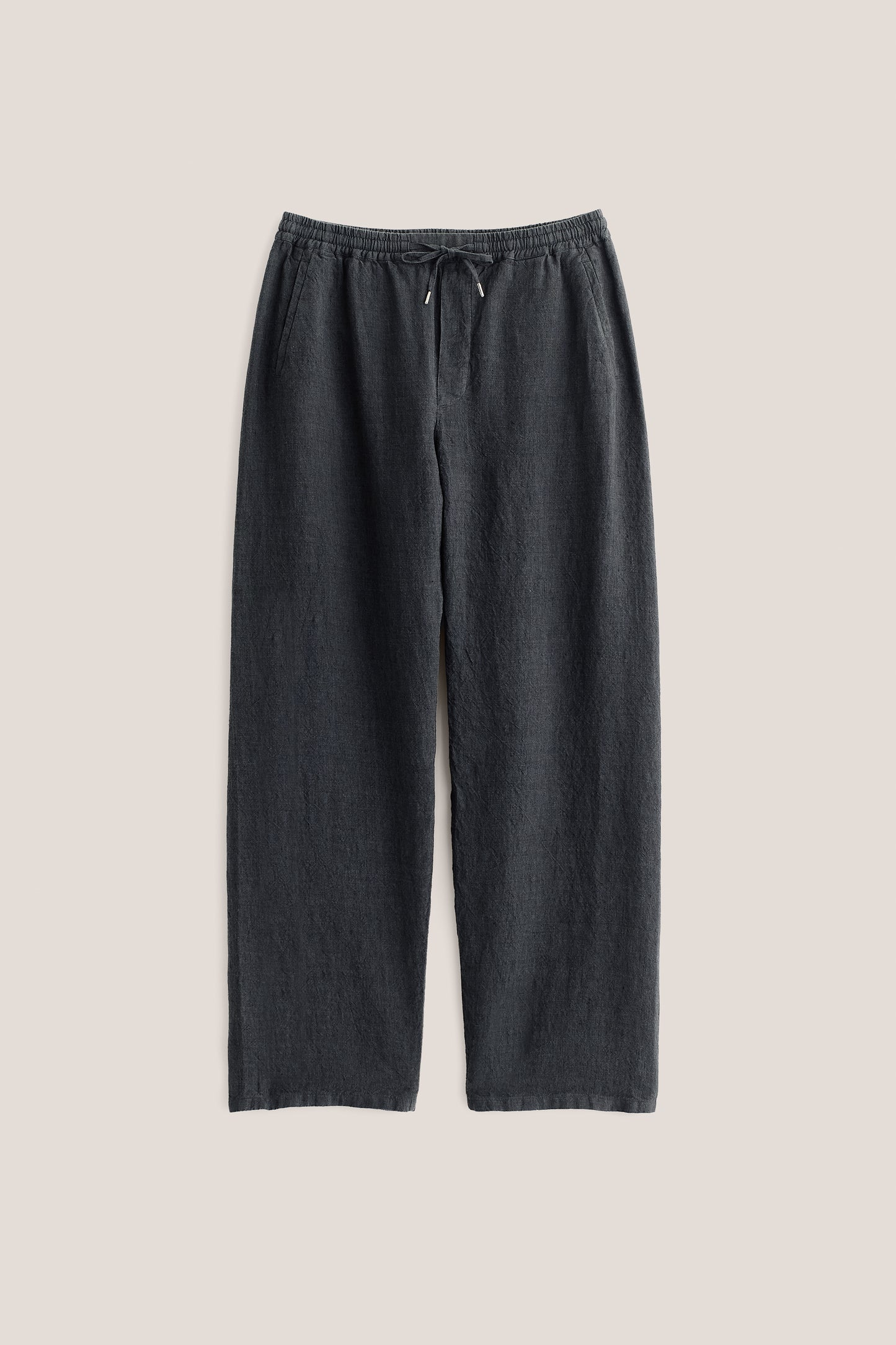 Men's long-pants, 100% linen, plain weave, charcoal, with elasticated waistband and drawstring.