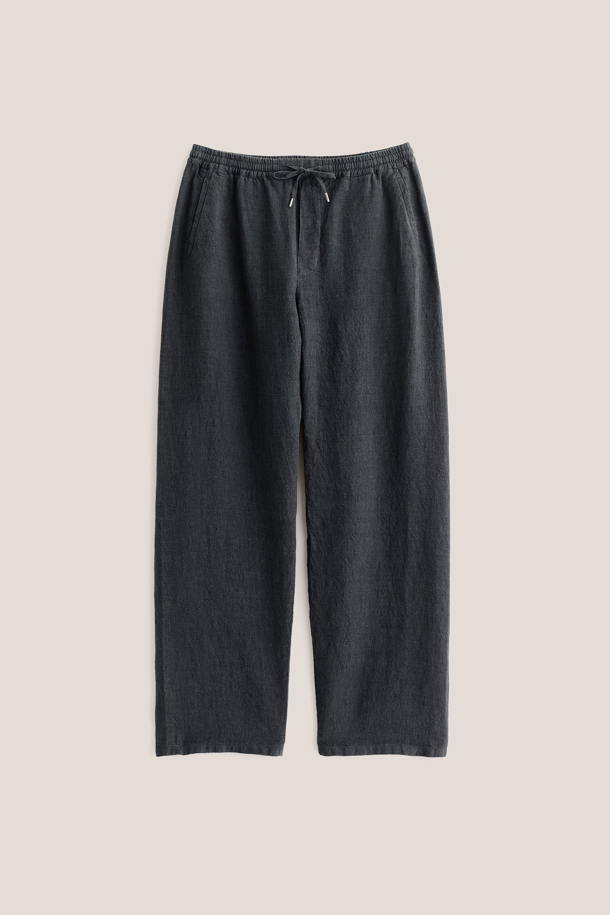 Men's long-pants, 100% linen, plain weave, charcoal, with elasticated waistband and drawstring.